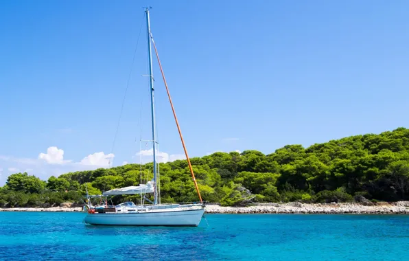The sky, clouds, trees, Croatia, The Adriatic sea, sailing boat, the island of Hvar