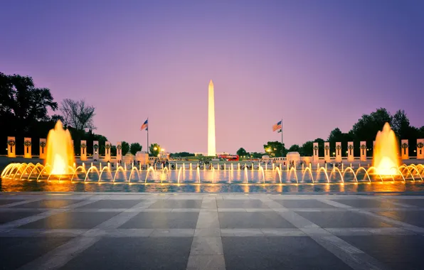 Lights, the evening, fountain, Washington, USA, obelisk, DC, The national memorial to veterans of world …