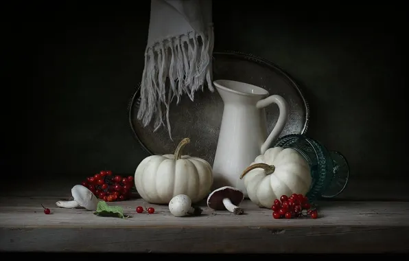 Berries, table, mushrooms, towel, pumpkin, pitcher, white, still life