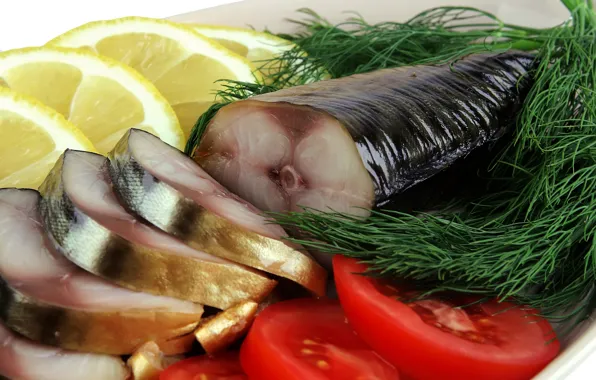 Picture lemon, fish, dill, tomato, chunks, mackerel