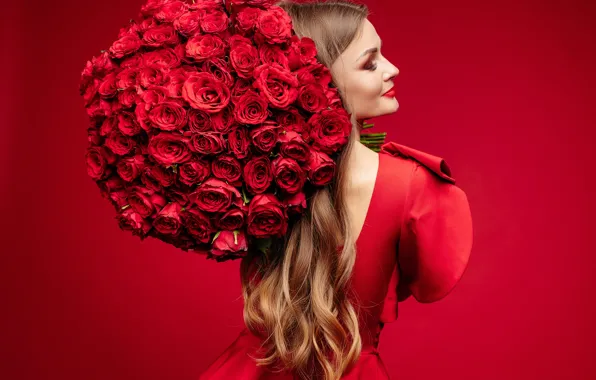 Picture girl, flowers, roses, bouquet, dress, red, girl, dress