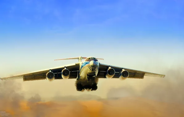 Picture Dust, The plane, Flight, Russia, Engines, Dunes, The Il-76, Ilyushin