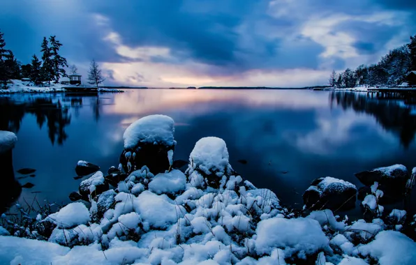 Winter, the sky, water, snow, nature, stones, the evening, Stockholm