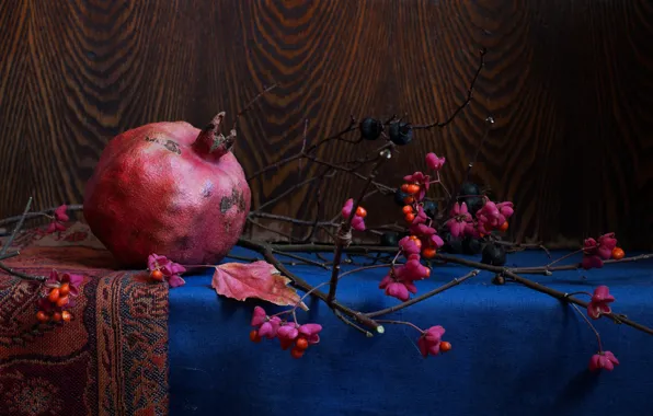 Branches, berries, table, fruit, fabric, still life, garnet
