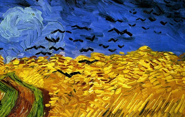 Road, field, the sky, landscape, birds, picture, Vincent Van Gogh