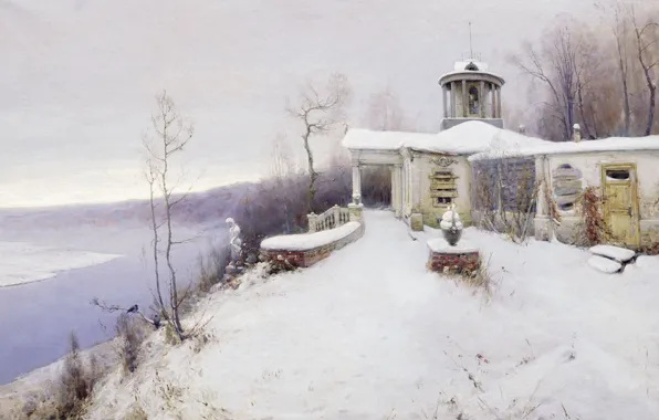 Winter, snow, landscape, river, oil, home, canvas, Vladimir Sokolov