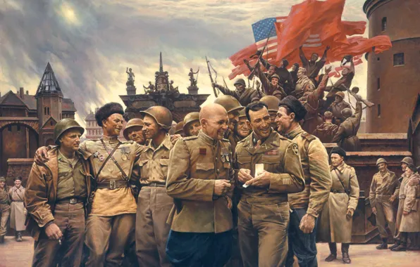 War, victory, USSR, soldiers, flags, USA