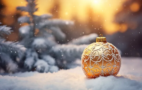 Winter, snow, decoration, ball, New Year, Christmas, golden, new year