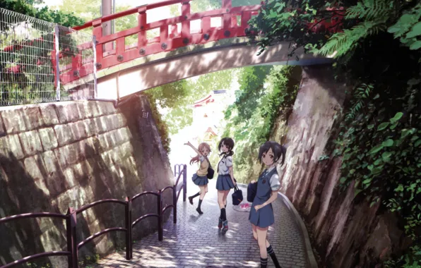 Road, greens, summer, bridge, pavers, Japan, railings, portfolio