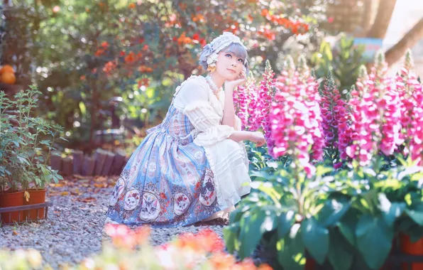 Picture summer, girl, light, flowers, nature, garden, dress, outfit