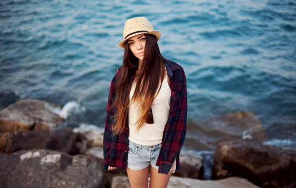 Picture GIRL, LOOK, STONES, WATER, HAT, BRUNETTE, GLASSES, ALYSHA