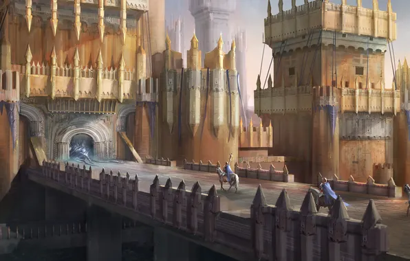 Bridge, castle, horses, art, arch, fortress, riders, yefumm