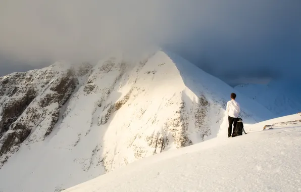 Cold, winter, snow, mountains, each, loyalty, people, dog