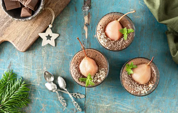 Branches, star, chocolate, towel, glasses, bowl, needles, pear