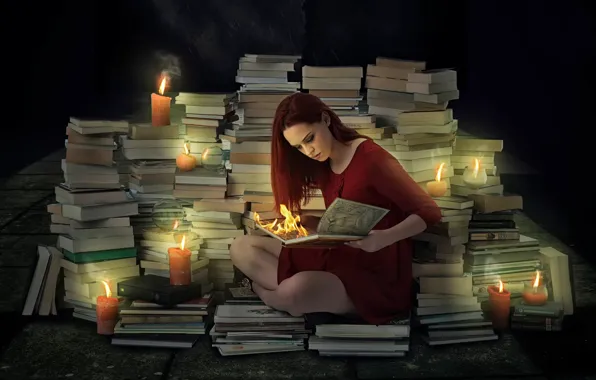 Picture girl, fire, books, candles