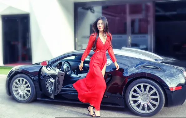 Girl, Bugatti, car, in red, gait