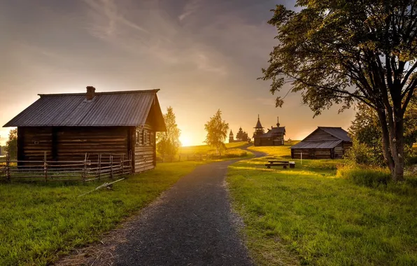 Road, grass, trees, sunset, home, village, Church