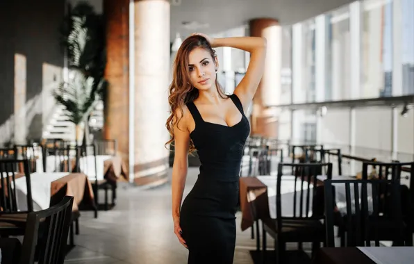 Girl, pose, chairs, makeup, figure, slim, dress, hairstyle