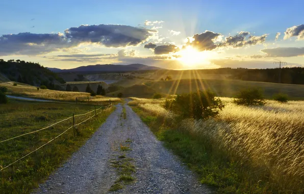 Road, field, forest, the sun, clouds, rays, light, sunset