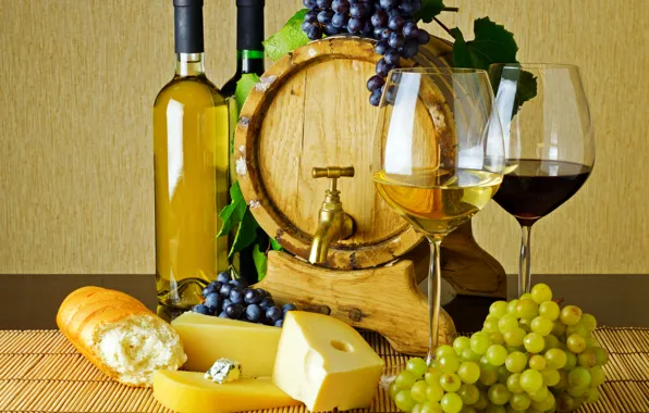 Picture table, wine, red, white, crane, cheese, glasses, bread