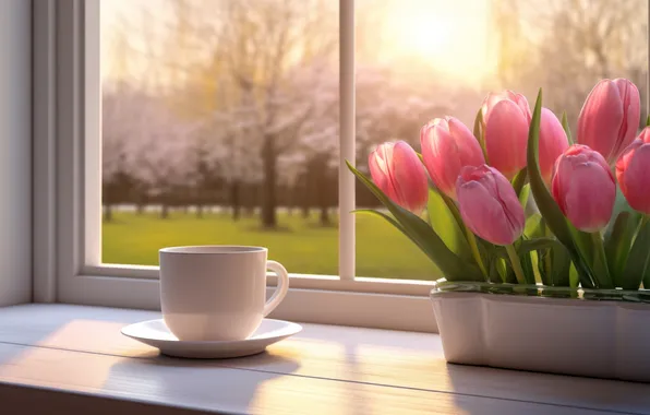 The sun, light, flowers, tea, bouquet, spring, window, mug