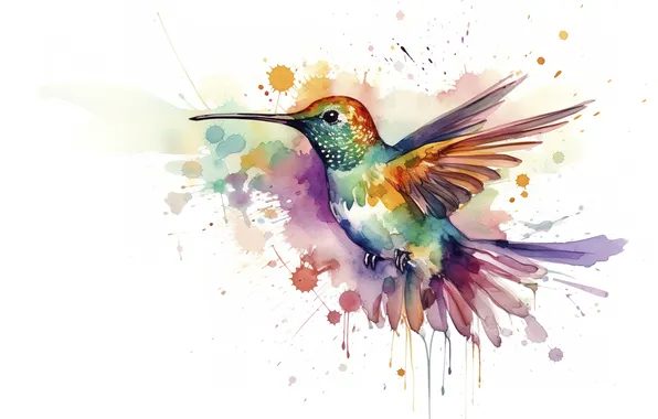 Flight, bird, wings, divorce, Hummingbird, watercolor, white background, blots