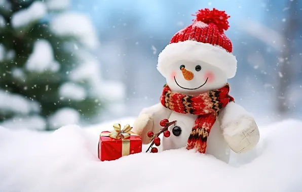 Winter, snow, snowflakes, New Year, Christmas, snowman, happy, Christmas