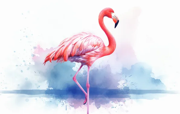 Water, pose, bird, watercolor, white background, painting, Flamingo, pond