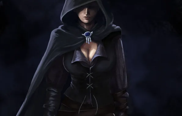 Picture chest, girl, dark, art, hood, cloak, brooch