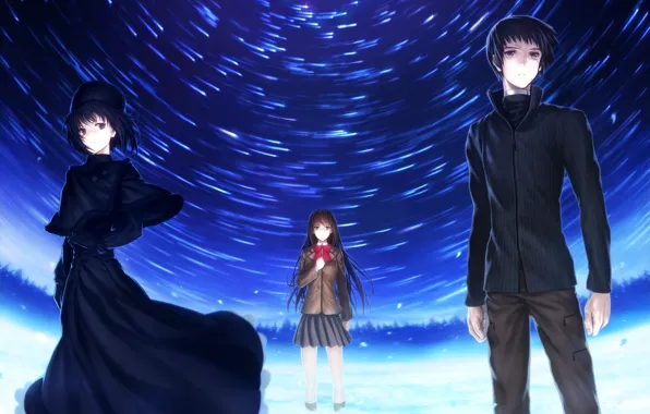 Picture forest, girl, stars, night, anime, art, schoolgirl, guy