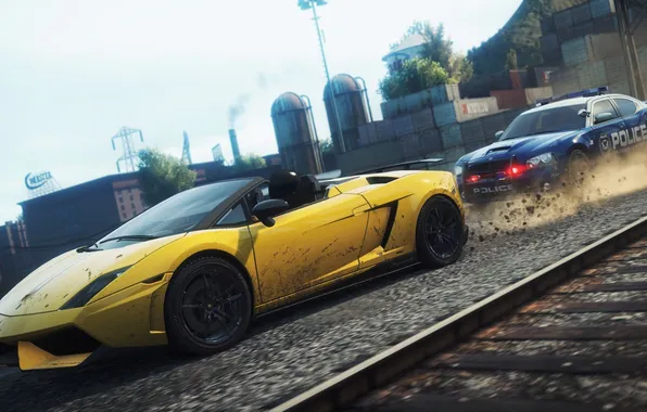 Picture the city, race, chase, need for speed most wanted 2, Dodge Charger Pursuit, Lamborghini Gallardo …