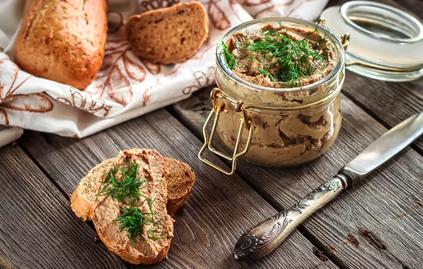 Dill, bread, knife, appetizer, pate