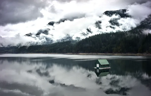 Forest, clouds, mountains, reflection, shore, house, pond