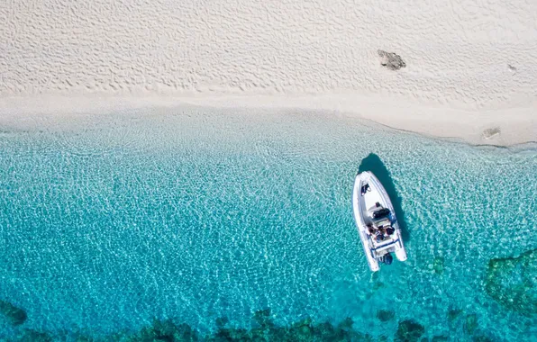 Sea, summer, clear water, boat, white sand, drone, sandy beach, the