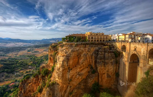 The sky, landscape, bridge, rocks, home, Spain, Malaga, Rhonda