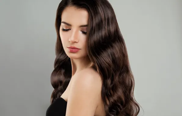 Picture background, portrait, makeup, dress, hairstyle, brown hair, beauty, curls