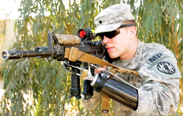 Military, war, scope, Soldier, Assault rifle, prothesis