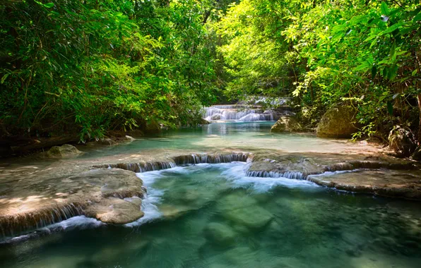 Greens, leaves, trees, river, waterfalls, Thailand