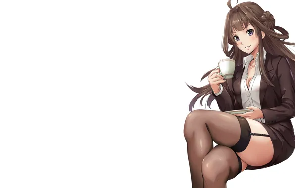 Girl, sexy, cleavage, blouse, thighhighs, long hair, brown hair, boobs