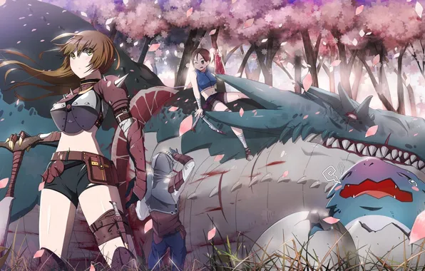 Trees, weapons, girls, dragon, eggs, sword, anime, petals