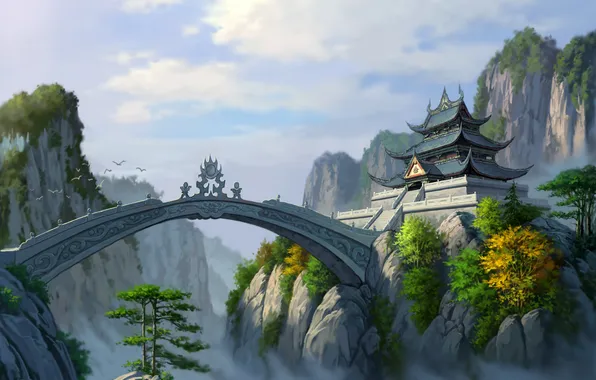 Clouds, bridge, rocks, Asia, height, art, temple, jade dynasty