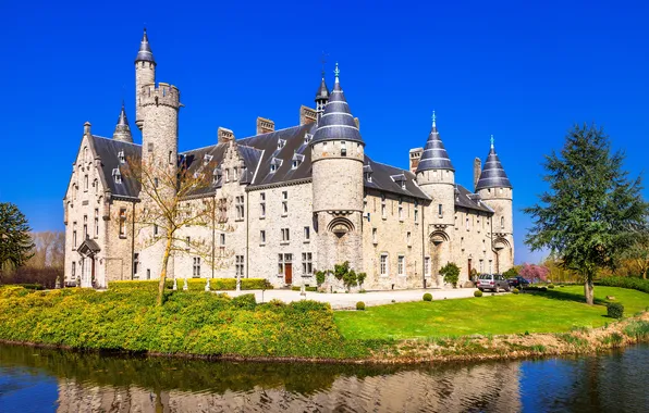 Picture the sky, grass, the sun, trees, pond, castle, blue, Belgium