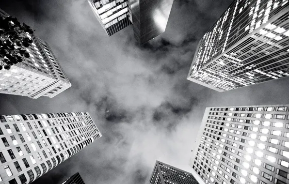 Building, black and white, skyscrapers