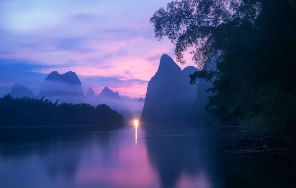 China, river, sky, trees, landscape, nature, water, mountains