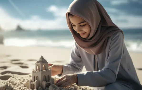Sand, Sea, Beach, Smile, Girl, Digital art, AI art, The Art of Artificial Intelligence