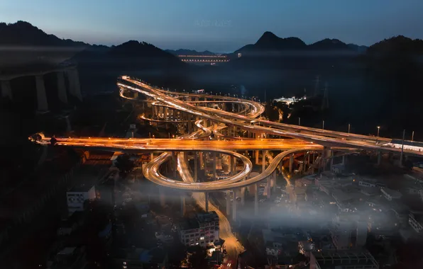Picture night, the city, lights, road, interchange