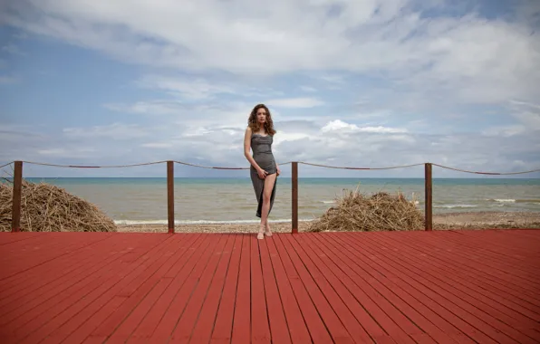Waves, beach, sky, hot girl, ocean, brown hair, nature, model