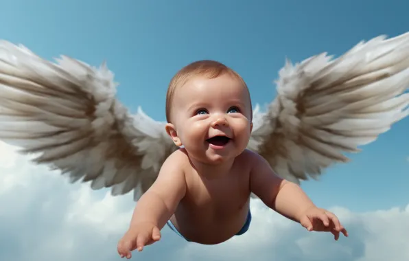 The sky, clouds, flight, heaven, child, wings, angel, boy