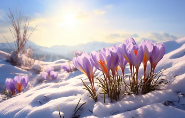 The sun, light, snow, flowers, glade, spring, crocuses, lilac
