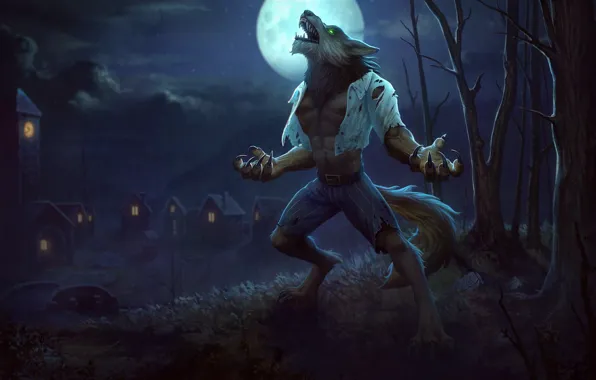 The moon, fantasy, art, the full moon, werewolf, Jon Neimeister, Fenrir Wolfman